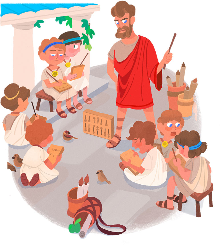 L’école dans l’Antiquité : pas pour tout le monde ! “L’école, toute une histoire !”, Astrapi n°1041, 1er septembre 2024. Illustrations : Marie Touly.