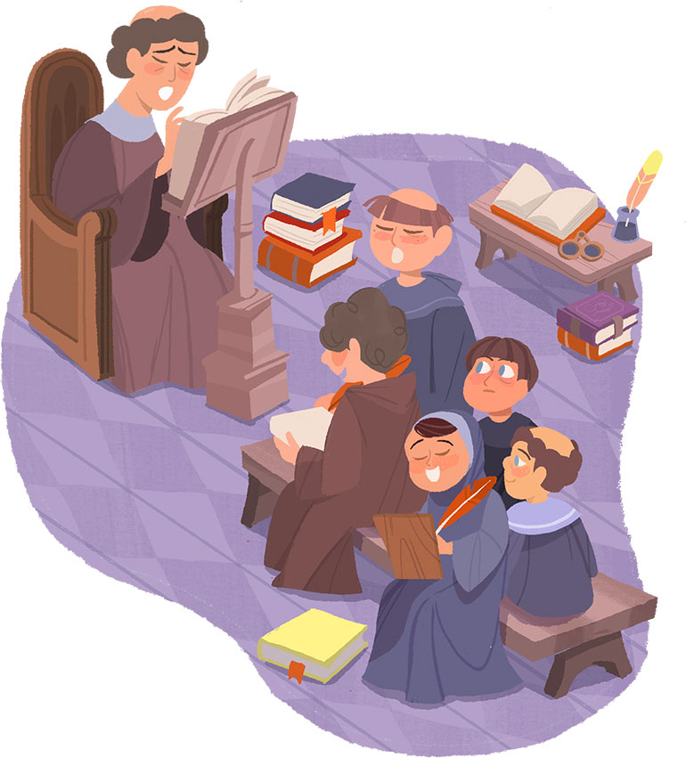 Au Moyen Âge : une éducation chrétienne. “L’école, toute une histoire !”, Astrapi n°1041, 1er septembre 2024. Illustrations : Marie Touly.