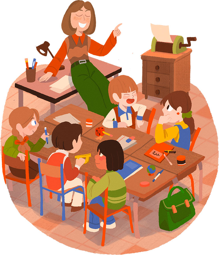 Dans les années 1960-1970 : l’école se détend ! “L’école, toute une histoire !”, Astrapi n°1041, 1er septembre 2024. Illustrations : Marie Touly.