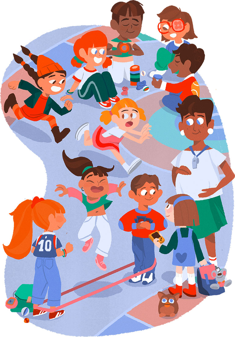 Dans les années 1990 : la classe de tes parents. “L’école, toute une histoire !”, Astrapi n°1041, 1er septembre 2024. Illustrations : Marie Touly.