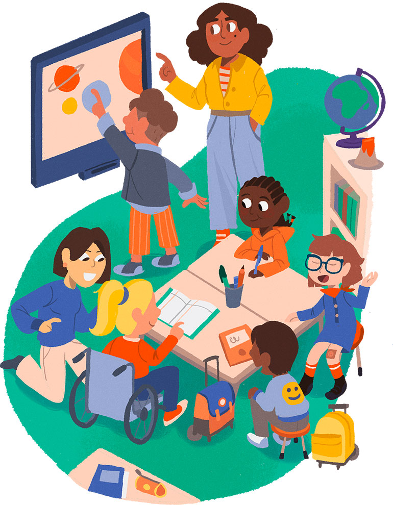 Aujourd’hui : vers une école verte et inclusive. “L’école, toute une histoire !”, Astrapi n°1041, 1er septembre 2024. Illustrations : Marie Touly.
