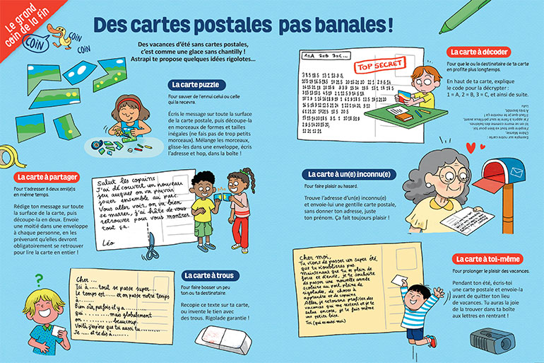 Des cartes postales pas banales !, Astrapi n°1039, 1er juillet 2024. Illustrations : Clara Soriano.