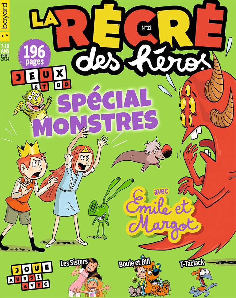 Couverture de La Récré des héros, printemps 2024. Spécial monstres, avec Émile et Margot.