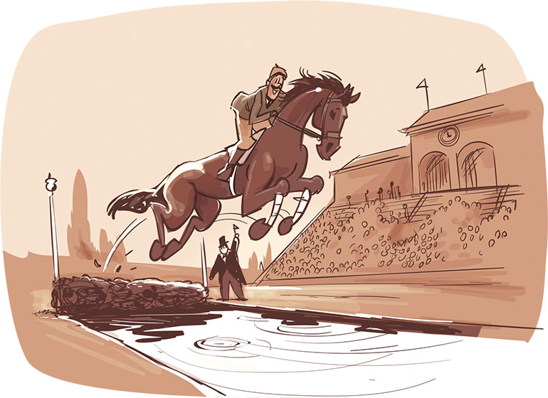 Le saut en largeur équestre. Les sports mis sur la touche, Images Doc n°428, août 2024. Illustration : Renaud Collin.