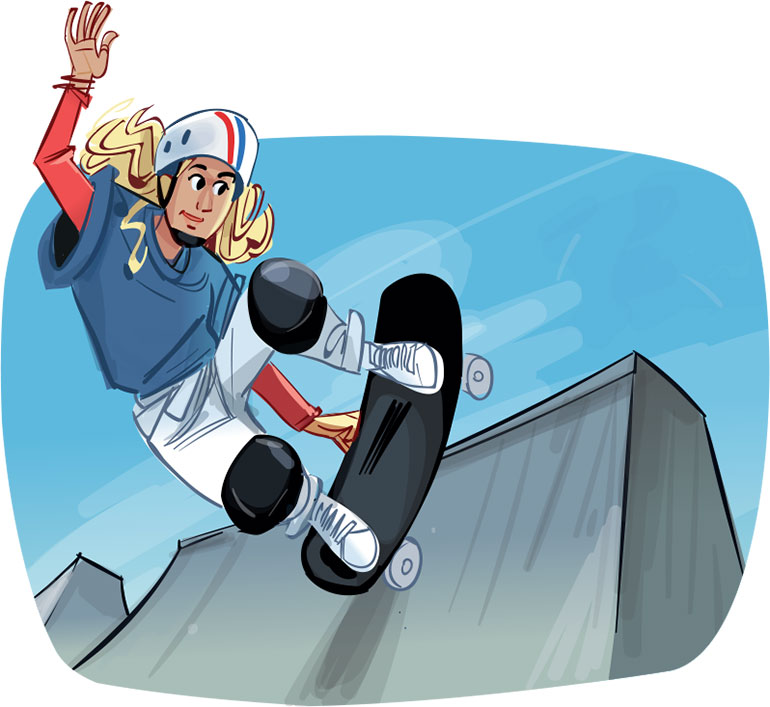 Le skateboard. Les nouveaux sports des JO, Images Doc n°428, août 2024. Illustration : Renaud Collin.
