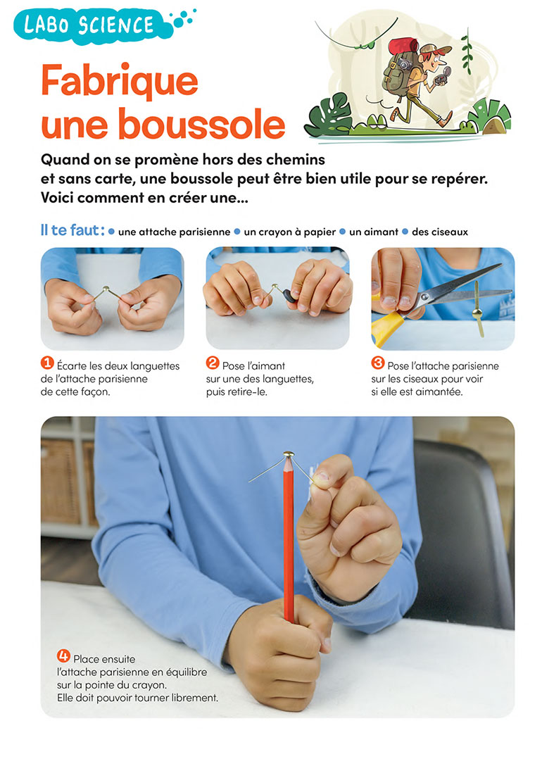 “Labo science : Fabrique une boussole”, Images Doc n°431, novembre 2024. Photos : Rebecca Josset. Illustrations : Nicolas Francescon. Schémas : Sophie Froger.