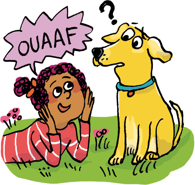 Le chien peut pas parler parce qu'il n'a pas de cordes vocales. "Occupe-toi bien de ton chien…”, Images Doc n°433, janvier 2025. Illustrations : Marion Puech.