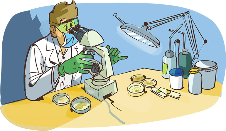 Avant de mettre au point un médicament, les chercheurs ont besoin de savoir ce qui cause la maladie. Ils l’étudient donc de près pour découvrir si c’est un microbe ou autre chose qui la provoque, et quelle sorte de médicament peut agir. Images Doc n° 434. Texte : Olivier Voizeux. Illustration : Renaud Collin.