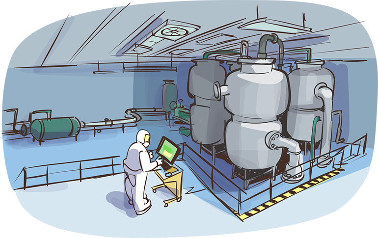 Pour produire en grande quantité le médicament, il faut inventer et construire des machines spéciales dans des usines ultrapropres. On appelle cette étape le développement industriel. Images Doc n° 434. Texte : Olivier Voizeux. Illustration : Renaud Collin.