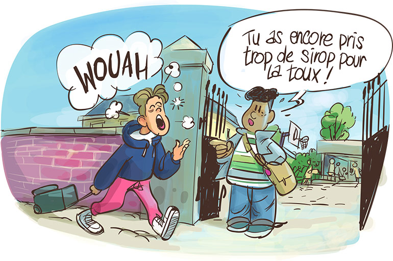 Un médicament n’agit jamais sur une seule partie du corps. Certains provoquent parfois des effets qui n’ont rien à voir avec la maladie. Par exemple, un sirop contre la toux peut donner envie de dormir. D’autres médicaments peuvent donner mal au ventre… On appelle cela les effets secondaires. Images Doc n° 434. Texte : Olivier Voizeux. Illustration : Renaud Collin.