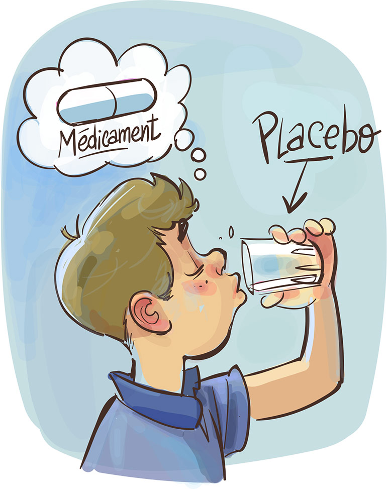 Parfois, une simple pastille sucrée peut produire le même effet qu’un médicament. Elle agit parce que nous avons confiance en notre médecin et que nous pensons que le « médicament » est efficace. Notre esprit agit sur notre corps et nous soigne ! On dit que c’est l’effet placebo. Images Doc n° 434. Texte : Olivier Voizeux. Illustration : Renaud Collin.