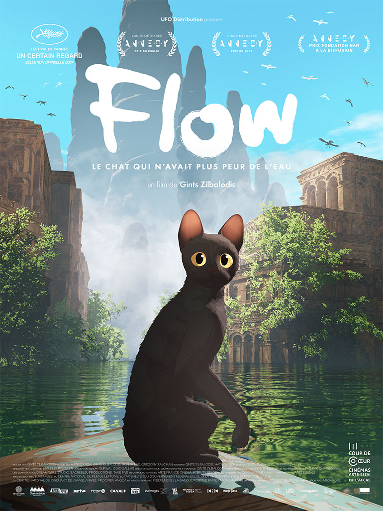 Affiche du film. “10 raisons d’aller voir : Flow”, Je bouquine n°489, novembre 2024.