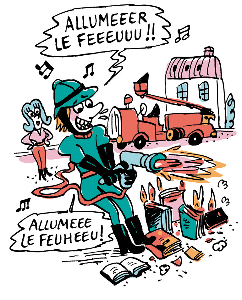 “Le classique sans prise de tête : Fahrenheit 451”, Je bouquine n°491, janvier 2025. Illustrations : Marion Puech.