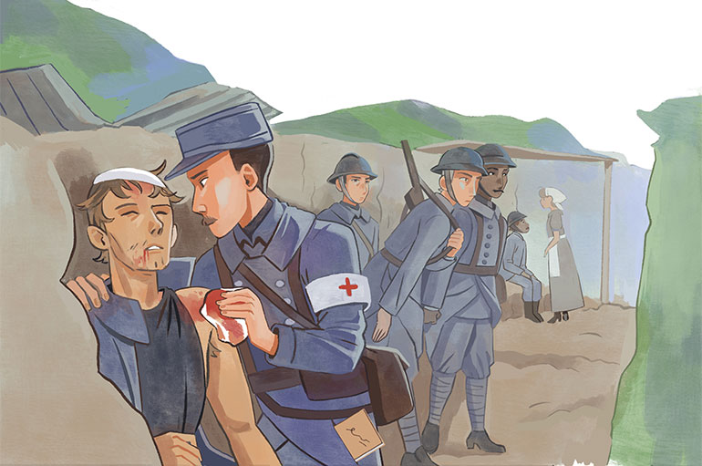 Lucien Laby est étudiant en médecine. Il arrête ses études pour partir au front. Pendant la guerre, il se dévoue à sa mission : sauver les soldats, qu’ils soient français ou allemands. Il risque sa vie pour aller les chercher sur le champ de bataille, puis soigne leurs blessures directement dans les tranchées. Quand il a froid ou faim, quand il perd ses amis, quand ses supérieurs l’énervent, c’est à son journal qu’il se confie. Même quand le sol tremble, son crayon reste droit. © Illustration : Jeanne Hammel.