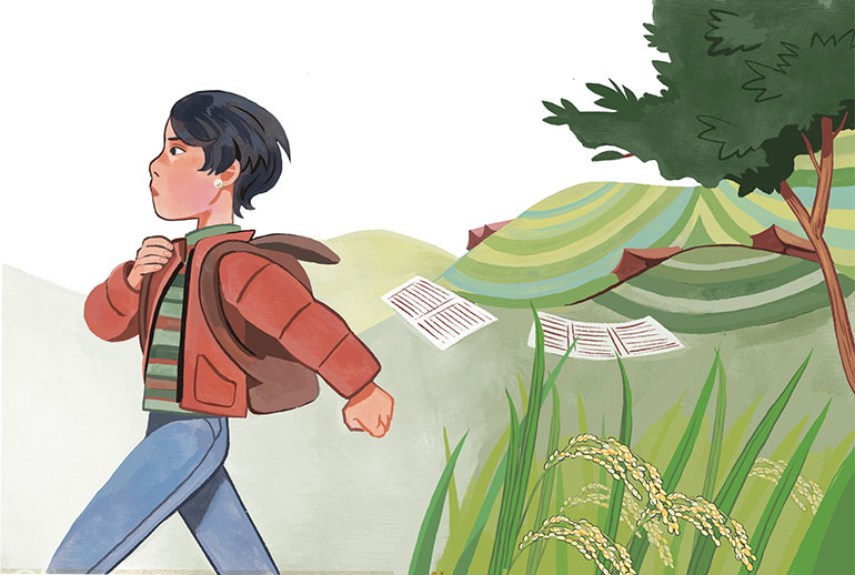 Ma Yan vit dans une région pauvre de Chine. Pour faire des études, elle est prête à tout : elle marche pendant des heures pour aller à l’école, elle se prive de repas durant quinze jours pour acheter un stylo… Mais un jour, ses parents lui annoncent qu’ils n’ont plus les moyens de payer les frais. Désespérée, la jeune fille donne son journal à sa mère. Dessus, elle a écrit en gros : “Je veux étudier.” © Illustration : Jeanne Hammel.