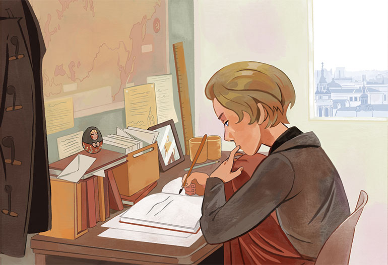 Dans la vie de Nina Lougovskaïa, il y a les potins avec ses amies, les crush sur les garçons, les disputes avec ses sœurs… Il y a sa mère, très absente, et surtout son père, banni de Moscou pour ses idées politiques, qui lui manque tant. Il y a l’école, qu’elle déteste. Il y a ses complexes… Mais il y a surtout son journal, à qui elle raconte tout ça. © Illustration : Jeanne Hammel.