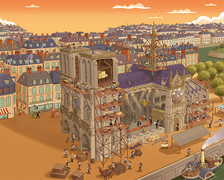 Rénovation XIX siècle. Énigme à Notre-Dame, magazine Astrapi n° 1047 du 1er décembre 2024. Illustrations : Roger Zanni.