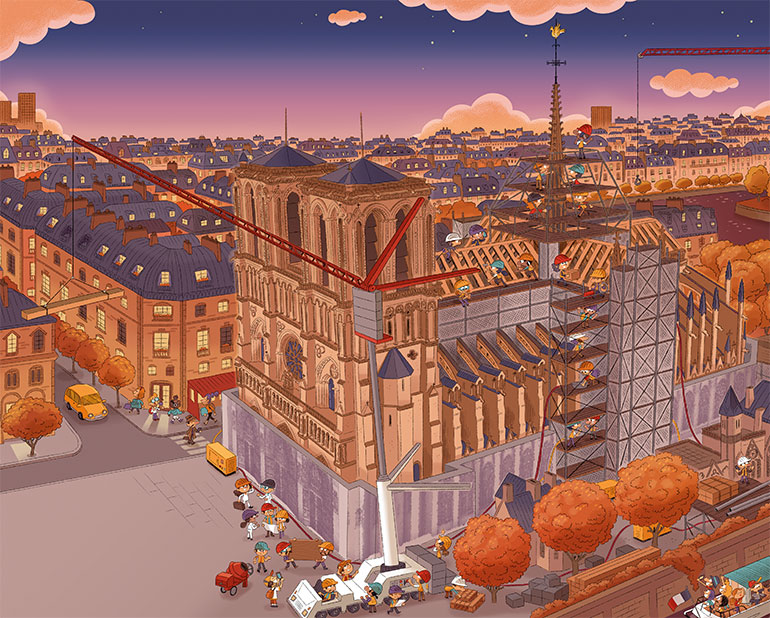 Sauvetage XXIe siècle. Énigme à Notre-Dame, magazine Astrapi n° 1047 du 1er décembre 2024. Illustrations : Roger Zanni.