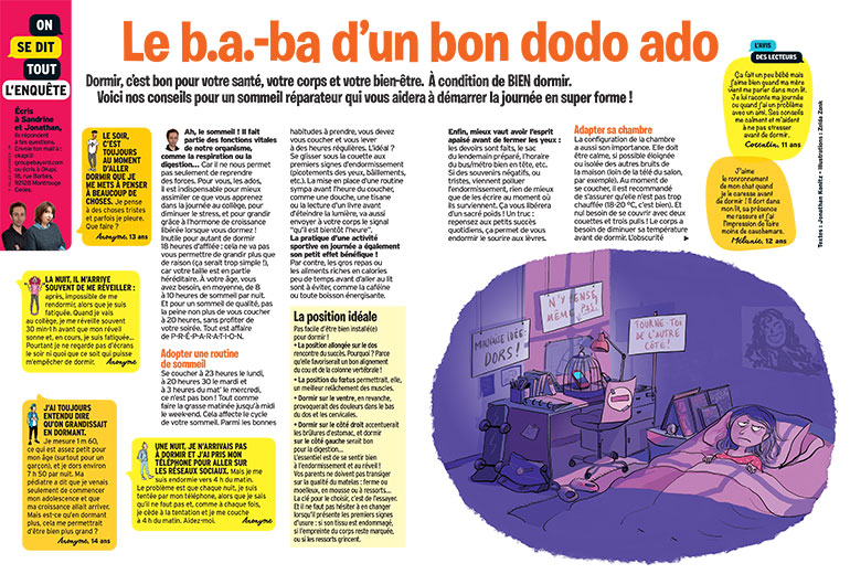 Le b.a.-ba d’un bon dodo ado, article extrait du magazine Okapi n°1166, 15 novembre 2022. Illustration : Zelda Zonk.