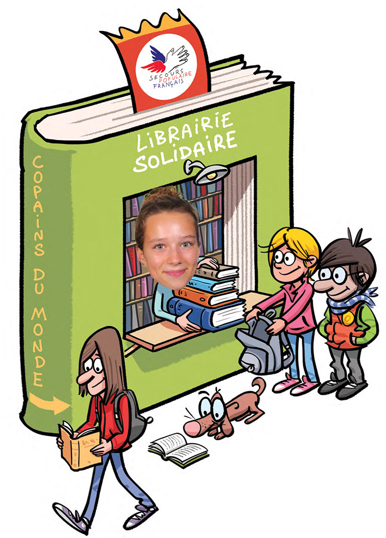 Joséphine on organise une fois par an une librairie solidaire pour récolter de l'argent. J'ai décidé d'agir !, article extrait du magazine Okapi n°1199, 1er mai 2024. Illustration : Mauro Mazzari. Photos : DR