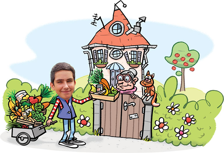 Alexis distribue des colis de nourriture ou d’habits à des personnes démunies. J'ai décidé d'agir !, article extrait du magazine Okapi n°1199, 1er mai 2024. Illustration : Mauro Mazzari. Photos : DR