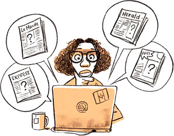 Vérifier si les articles de presse évoquent le sujet. Comment ils traquent les fake news, article extrait du magazine Okapi n°1196, 15 mars 2024. Illustration : Tehem.