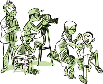 Montrer les détournements possibles des images pour que le lecteur devienne vérificateur à son tour. Comment ils traquent les fake news, article extrait du magazine Okapi n°1196, 15 mars 2024. Illustration : Tehem.