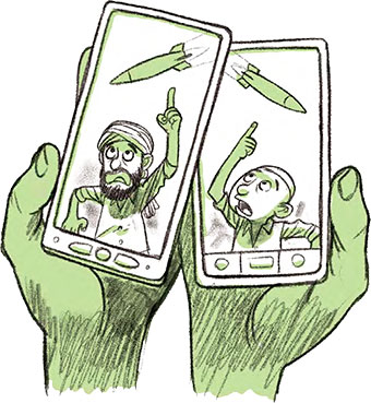 Les images du jeu vidéo de guerre Arma 3 sont régulièrement utilisées pour illustrer faussement des scènes de guerre. Comment ils traquent les fake news, article extrait du magazine Okapi n°1196, 15 mars 2024. Illustration : Tehem.