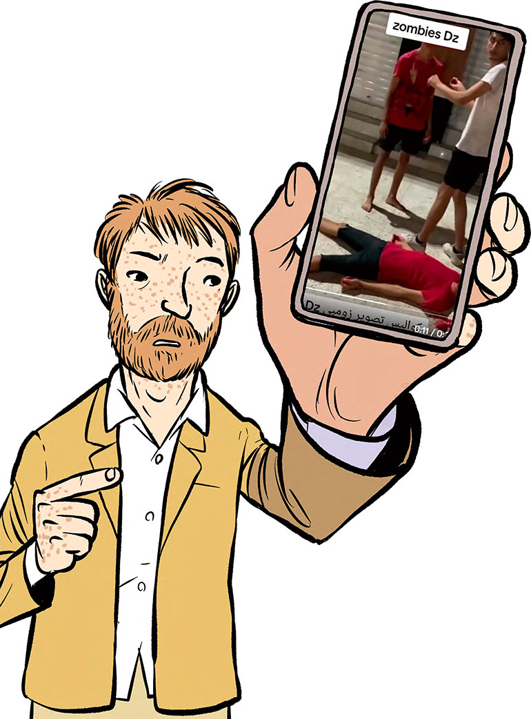 Les fausses infos visent à déshumaniser l’adversaire et à influencer l’opinion publique en sa propre faveur. Comment ils traquent les fake news, article extrait du magazine Okapi n°1196, 15 mars 2024. Illustration : Tehem.