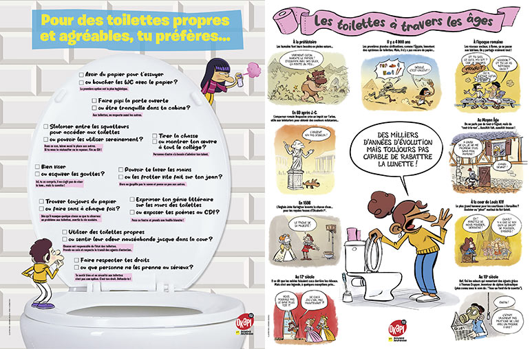 Télécharge le poster « Pour des toilettes propres et agréables » avec les règles à respecter et «Les toilettes à travers les âges ». À afficher dans les toilettes ou à proximité.