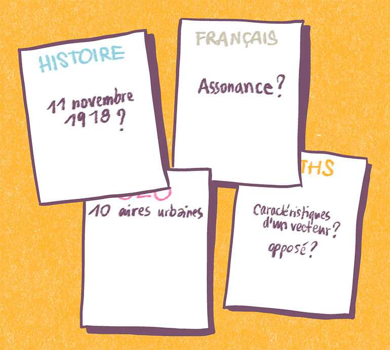 Fais des flashcards. « Révisions : 4 méthodes pour efficaces », Phosphore n°587, 1er décembre 2024. Illustrations : Vincent Sorel.