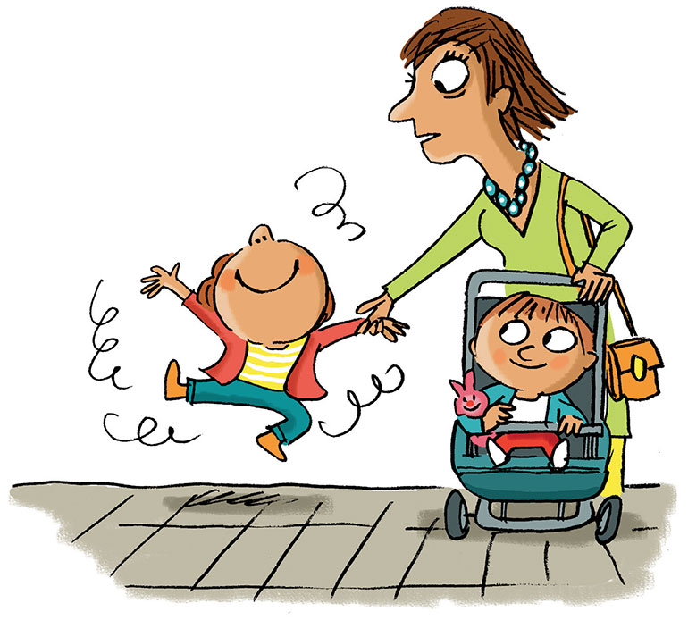 Quand l’enfant est en cours d’acquisition de la parole, bouger, sauter de joie… constitue autant de façons pour lui d’exprimer ses émotions ! Au secours, mon petit ne tient pas en place !, extrait du supplément pour les parents du magazine Popi n°451, mars 2024. Illustration : Peter Elliott.