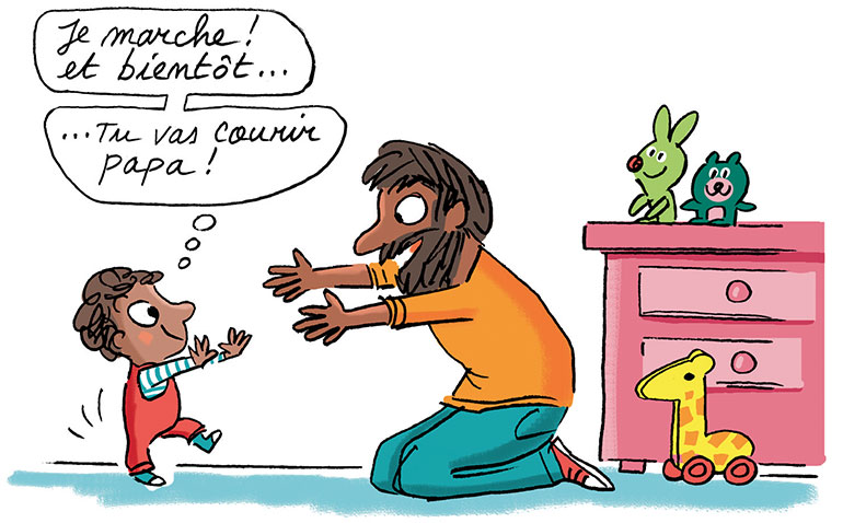La marche permet à l'enfant d’explorer sensoriellement le monde. Au secours, mon petit ne tient pas en place !, extrait du supplément pour les parents du magazine Popi n°451, mars 2024. Illustration : Peter Elliott.