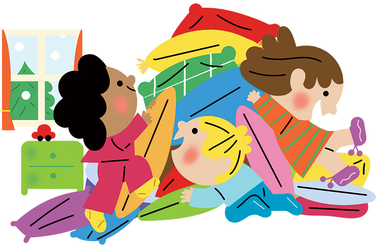 Jeu d'intérieur pour les tout-petits : la montagne ensoleillée. Illustration : Sophie Bouxom. Popi n° 462.