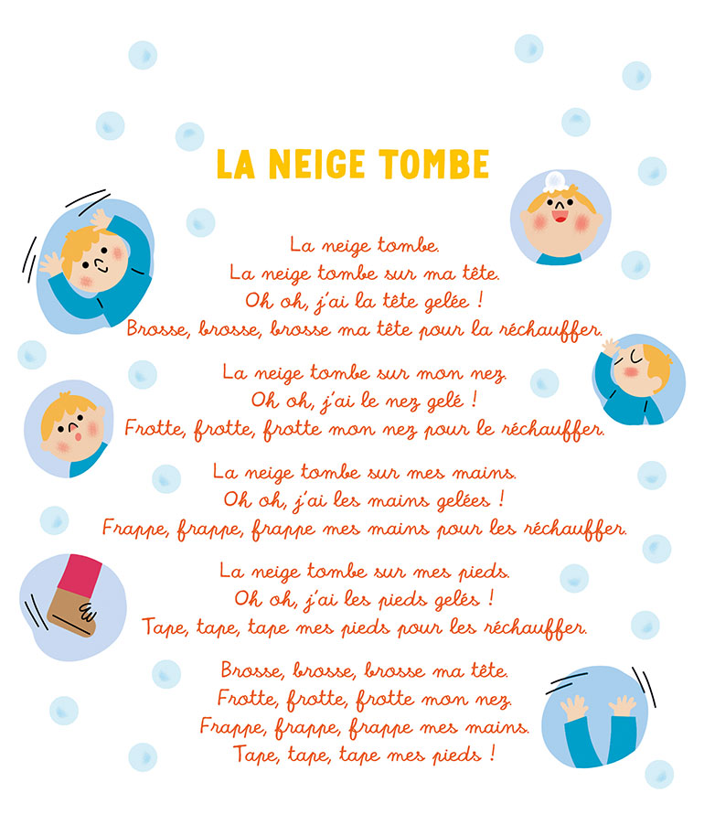 Comptine à gestes pour les tout-petits : « La neige tombe ». Illustration : Sophie Bouxom. Popi n° 462.