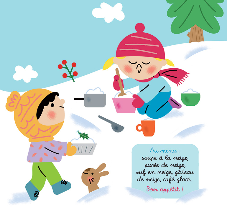 Jeu d'extérieur pour les tout-petits : la dînette de neige ». Illustration : Sophie Bouxom. Popi n° 462.