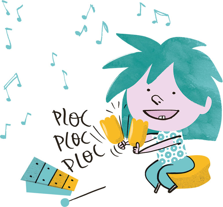 Dessin de tout-petit qui fait de la musique avec des percussions. Popi n °466. Illustration : Jean-Louis Cornalba.