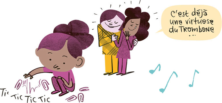 Deux parents s'émerveillent devant leur fille “virtuose du trombone” (elle joue avec des trombones en métal qu'elle laisse tomber par terre). Popi n °466. Illustration : Jean-Louis Cornalba.