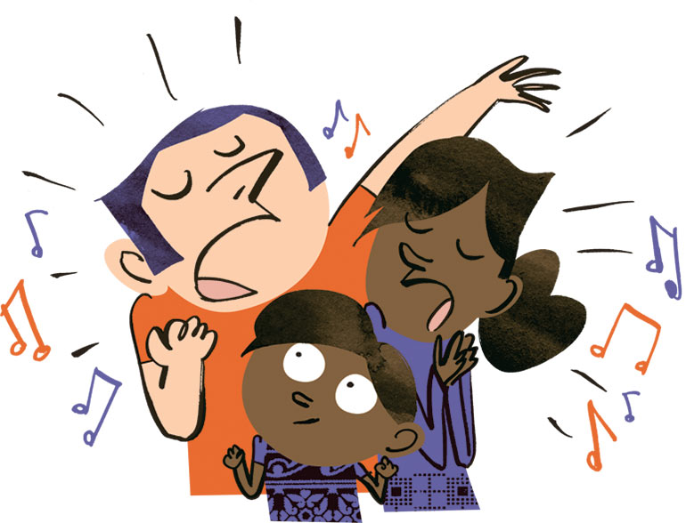 Quand on parle à un petit, la voix est plus modulée. On joue sur le rythme, le timbre. Bref, on chante sans forcément le savoir ! Popi n °466. Illustration : Jean-Louis Cornalba.