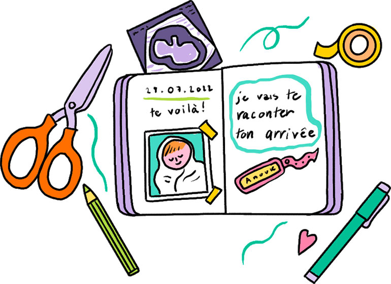 Véronique Borgel Larchevêque, psychologue spécialisée en périnatalité, invite les parents à écrire, à légender les photos qui racontent la naissance de leur enfant Avec le temps, on oublie…