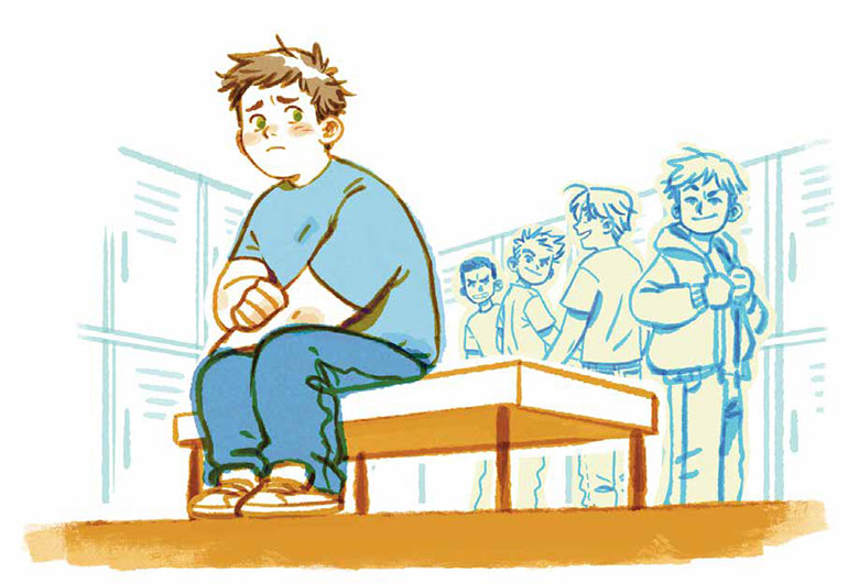 « Les cours de sport, c’est l’angoisse pour moi. Par exemple, quand il faut faire des équipes, les autres ne veulent pas de moi parce qu’ils disent que je suis trop gros… Dans les vestiaires, ils se moquent de mes cuisses ou de mon ventre. Et personne ne dit rien (pas le prof en tout cas). »