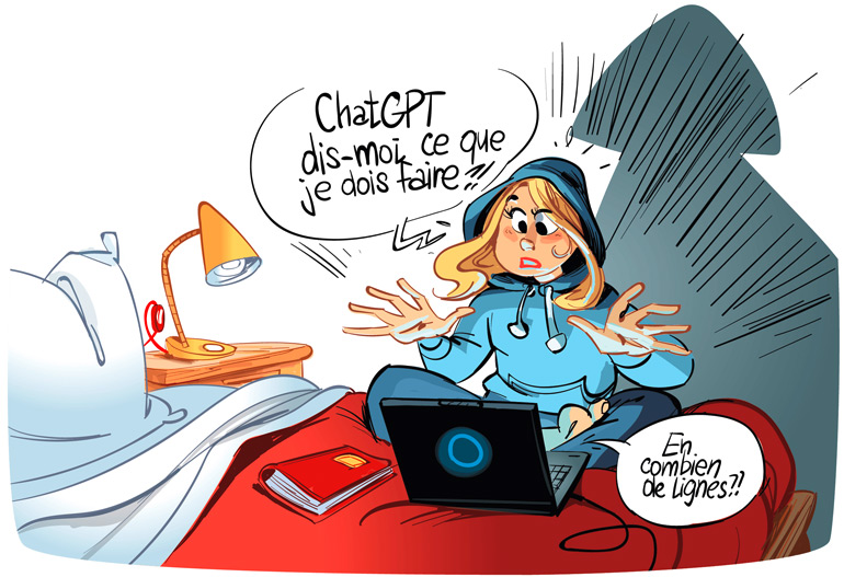 “ChatGPT peut-il faire tes devoirs ?”, article extrait du magazine Phosphore n°553, 1er mai 2023. Textes : Claire Le Nestour. Illustrations : Renaud Collin.