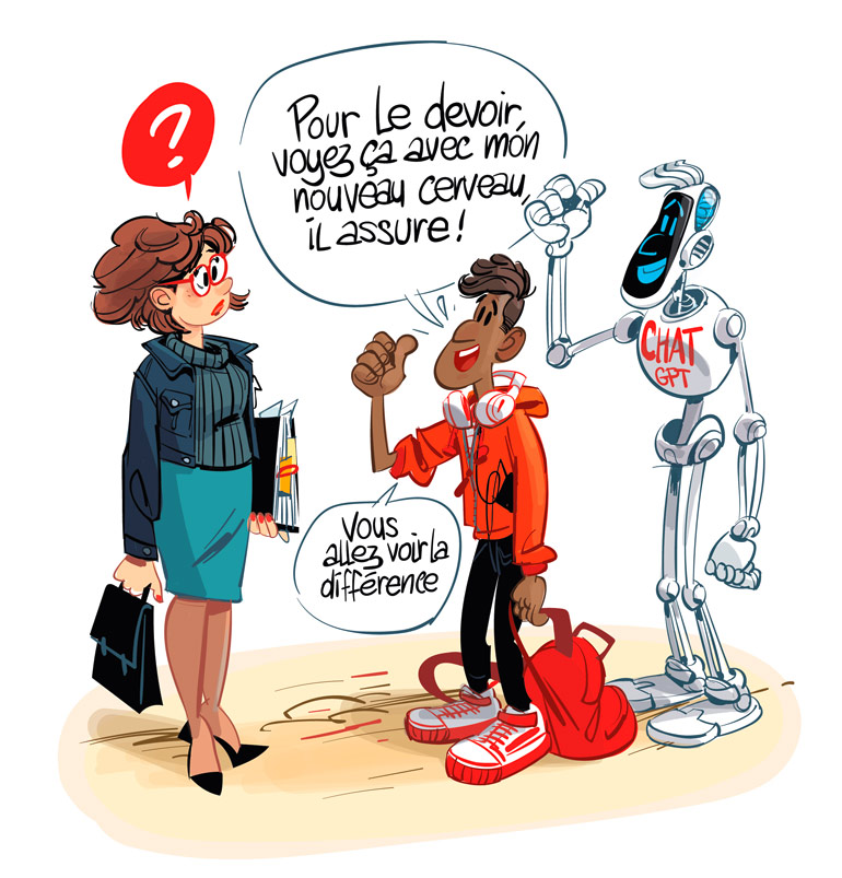 “ChatGPT peut-il faire tes devoirs ?”, article extrait du magazine Phosphore n°553, 1er mai 2023. Textes : Claire Le Nestour. Illustrations : Renaud Collin.
