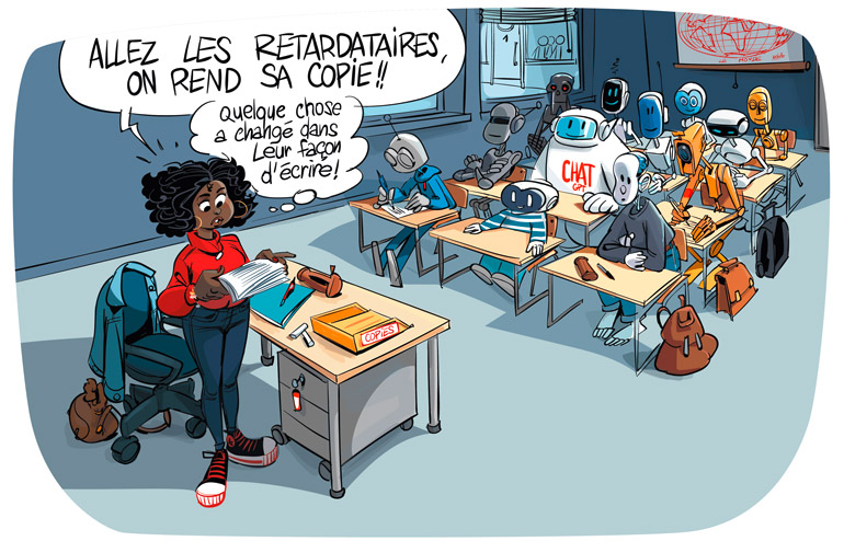 “ChatGPT peut-il faire tes devoirs ?”, article extrait du magazine Phosphore n°553, 1er mai 2023. Textes : Claire Le Nestour. Illustrations : Renaud Collin.