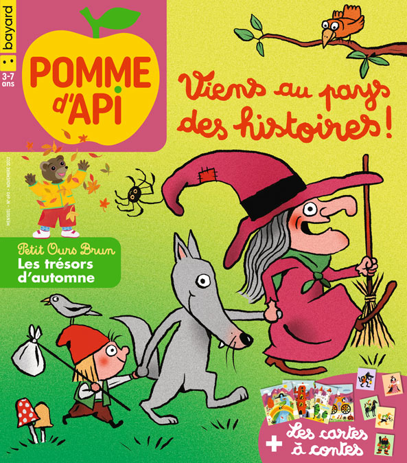 Couverture du magazine Pomme d'Api n° 693, novembre 2023 - Viens au pays des histoires ! Petit Ours Brun, les trésors d'automne + Les cartes à contes