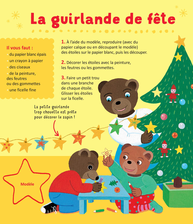 Préparez Noël avec Petit Ours Brun : fabriquez une guirlande de fête, supplément pour les parents du magazine Popi n°436, décembre 2022. Illustrations : Danièle, Laura et Martin Bour.