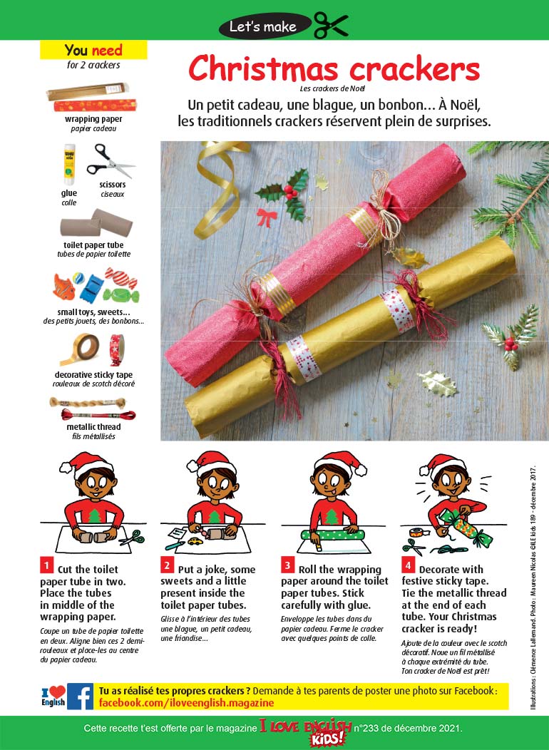 © Illustrations : Clémence Lallemand. Photo : Maureen Nicolas. Christmas crackers. I Love English for Kids n°233, décembre 2021.
