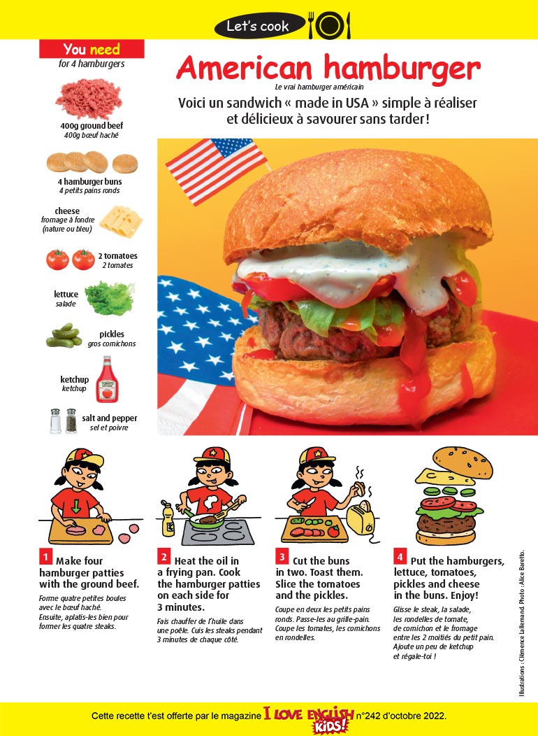 “American hamburger”, I Love English for Kids! n°242, octobre 2022. Illustrations : Clémence Lallemand. Photo : Alice Baretto.