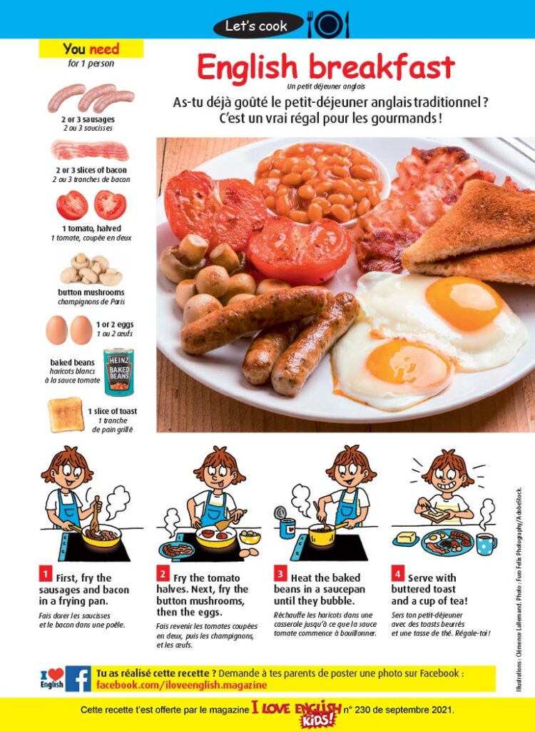 Recette en anglais : “English breakfast”. Illustrations : Clémence Lallemand. Photo : Furo Felix Photography/AdobeStock.