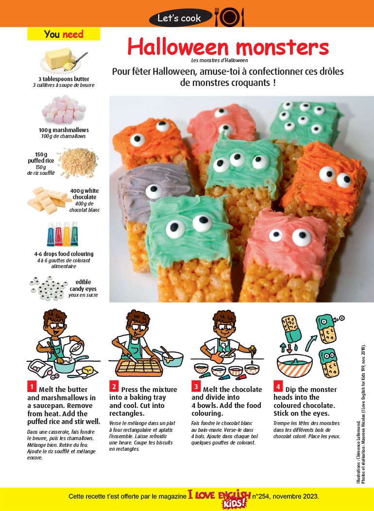 Halloween monsters, I Love English for Kids! n°254, novembre 2023. Illustrations : Clémence Lallemand. Photo : Maureen Nicolas.
